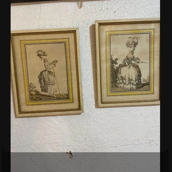 Very old!! 1930's-40's pair Framed French Fashion Plates Art - Picture 1 of 5
